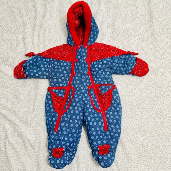 snowbound Other - Baby Denim Floral Red Bandana Snowsuit Size 9M
